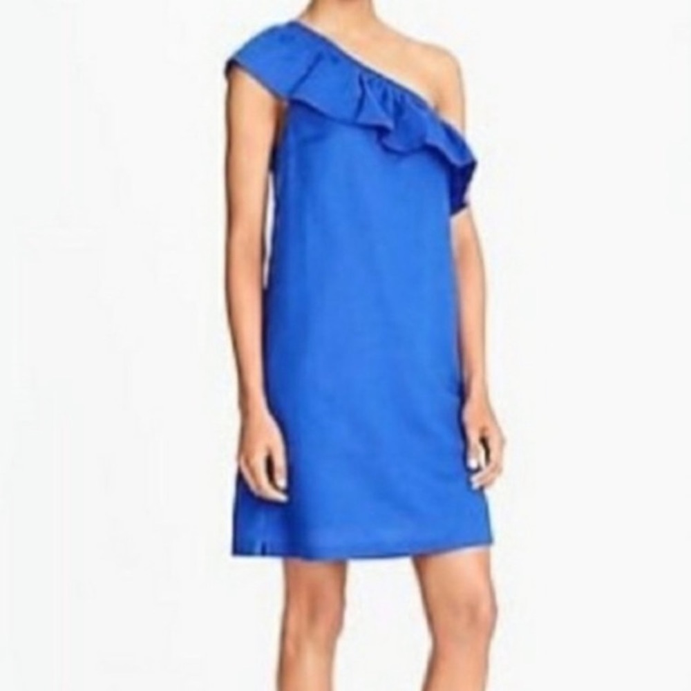 J. Crew Factory Ruffle One Shoulder Linen Blend Shift Dress Royal Blue Women's S
